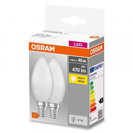 2er Pack OSRAM E14 LED Base Classic Lampen Kerzenform matt 4,9W wie 40W warmweißes Licht